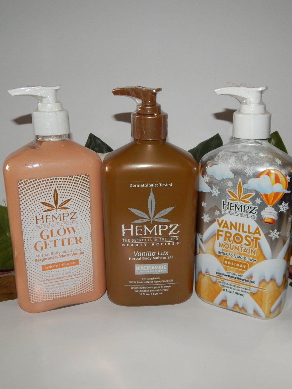 3 Hempz 17oz Lotions - Glow Getter - Vanilla Lux - Vanilla Frost Mountain